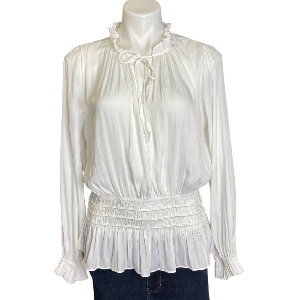 CURRENT AIR Long Sleeve Smocked Tie Neck Blouse White Size Large